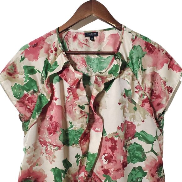 Talbots Floral Blouse 14P Ruffle Neck Grannycore Cottagecore Prairie Soft Womens - Picture 2 of 8